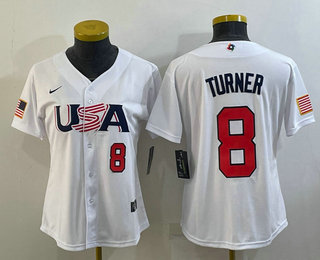Women%27s USA Baseball #8 Trea Turner Number 2023 White World Classic Stitched Jerseys